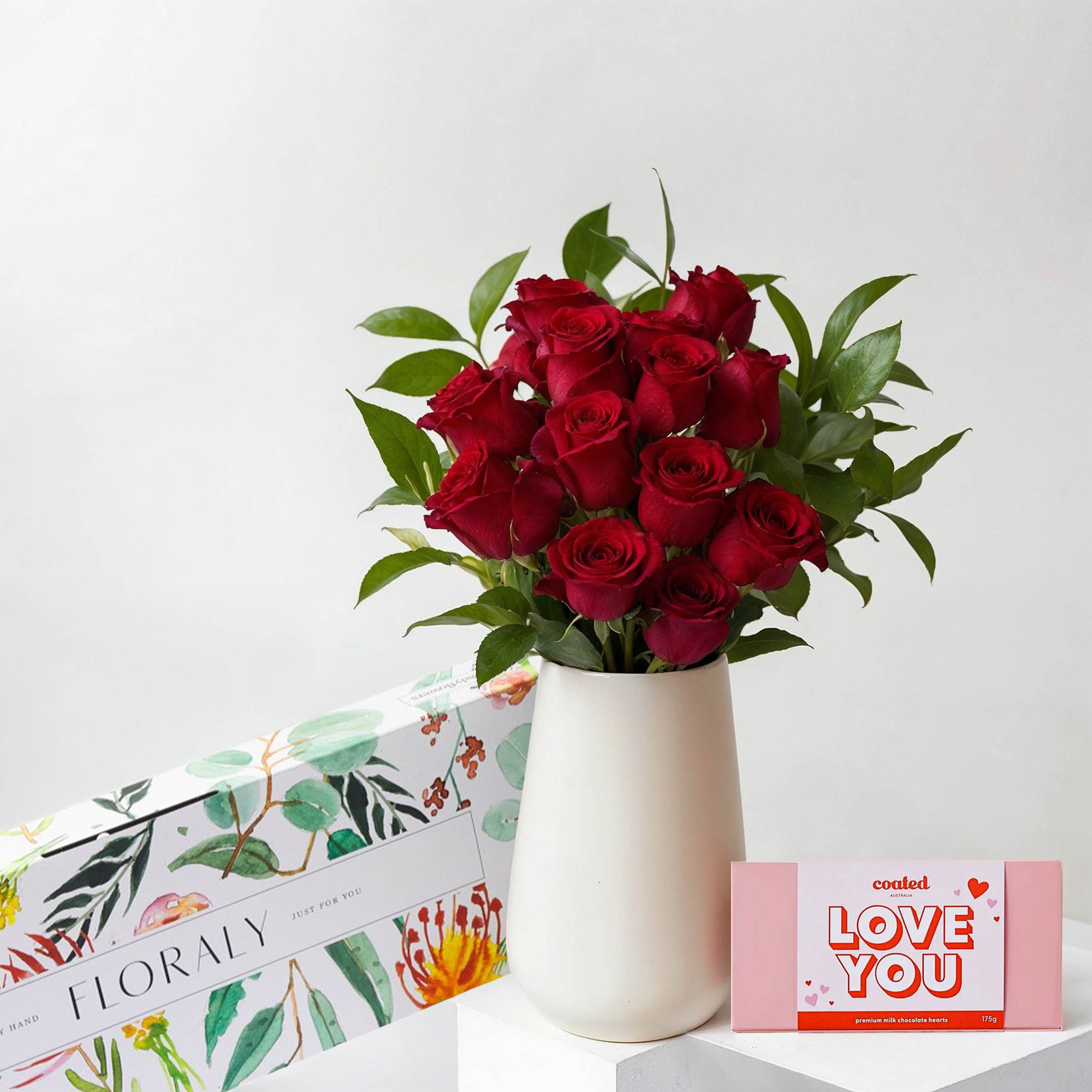 Red Roses Grand Love - 12 Stems, Vase and Chocolates for Valentine's Day